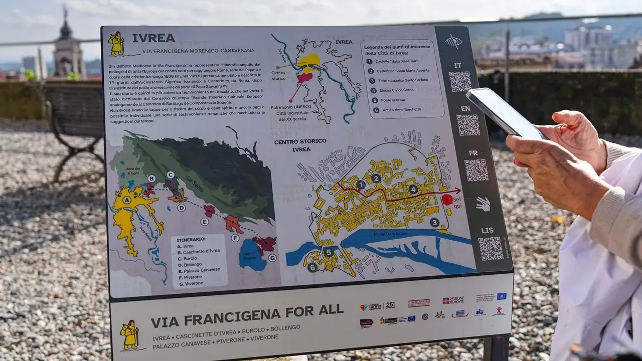 Cartello informativo sulla Via Francigena a Ivrea, con mappa del centro storico e itinerario. Un turista usa lo smartphone per leggere le informazioni.