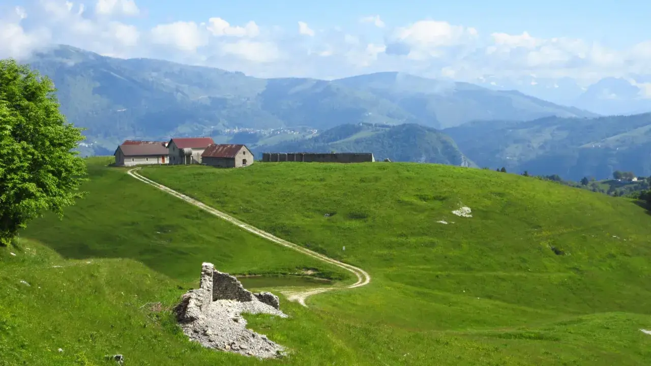 Un sentiero delle malghe serpeggia tra verdi colline, conduce a rustici edifici e si perde tra le montagne nebbiose.