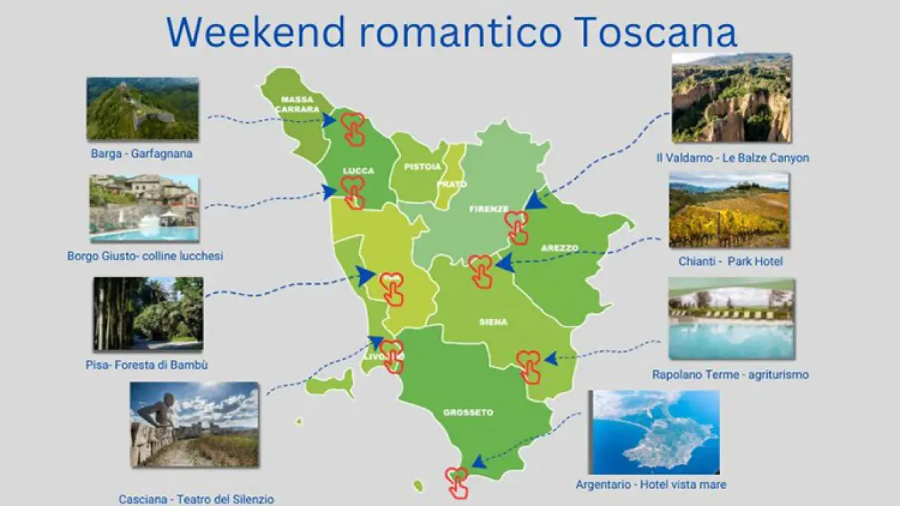Mappa della Toscana con itinerari per un weekend romantico, inclusi tour cantine toscana, borghi e paesaggi mozzafiato.