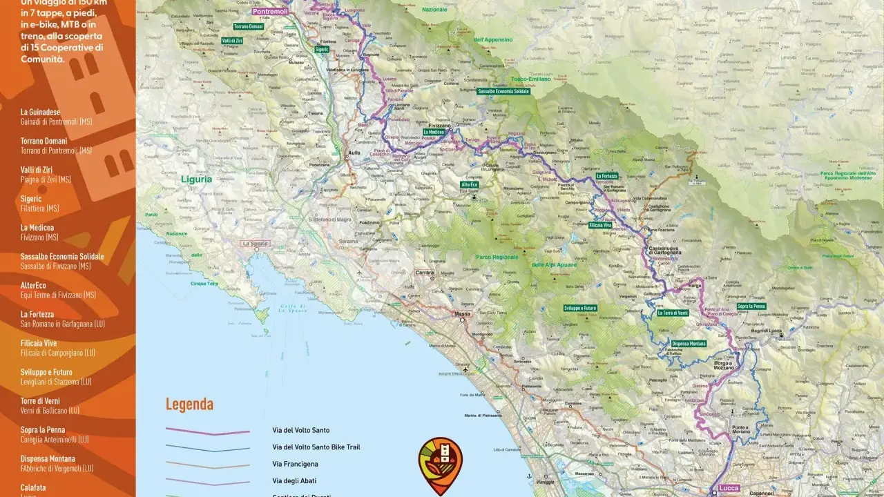 Mappa del percorso Via del Volto Santo, un viaggio di 150 km tra sentieri, bici e treno, attraverso la Toscana.