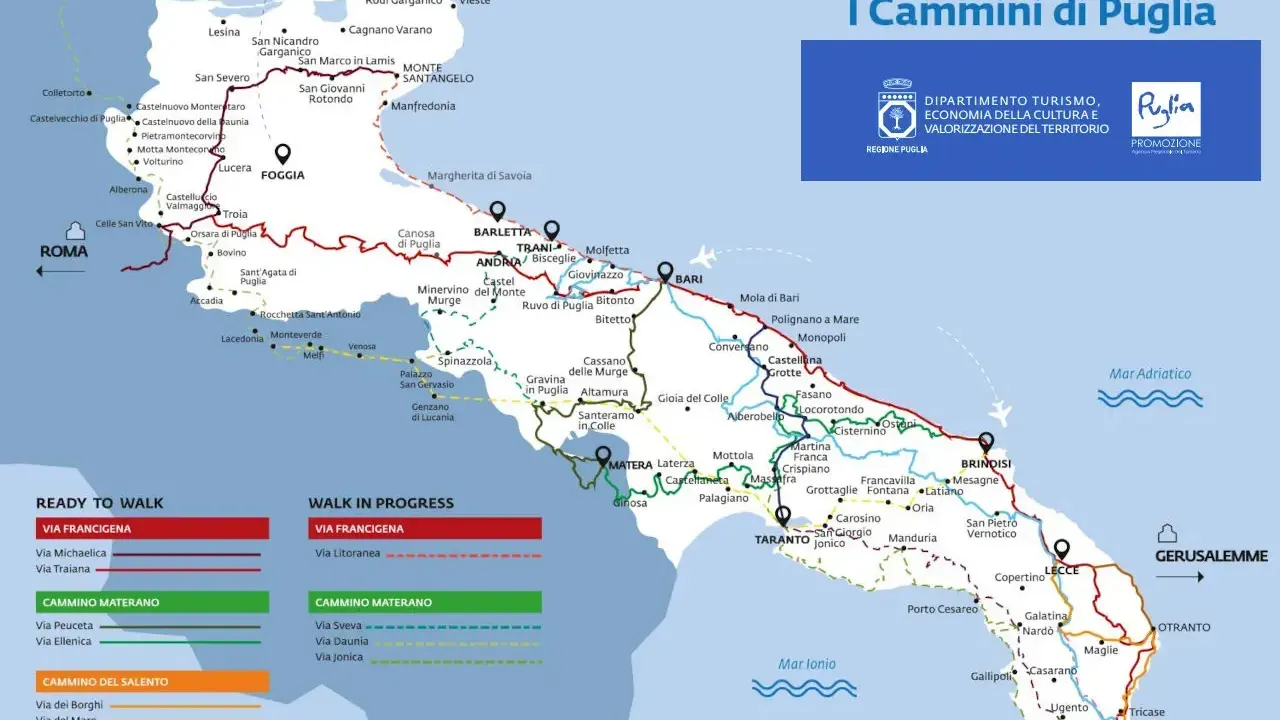 Mappa dei cammini in Puglia, con percorsi della Via Francigena e altri itinerari.