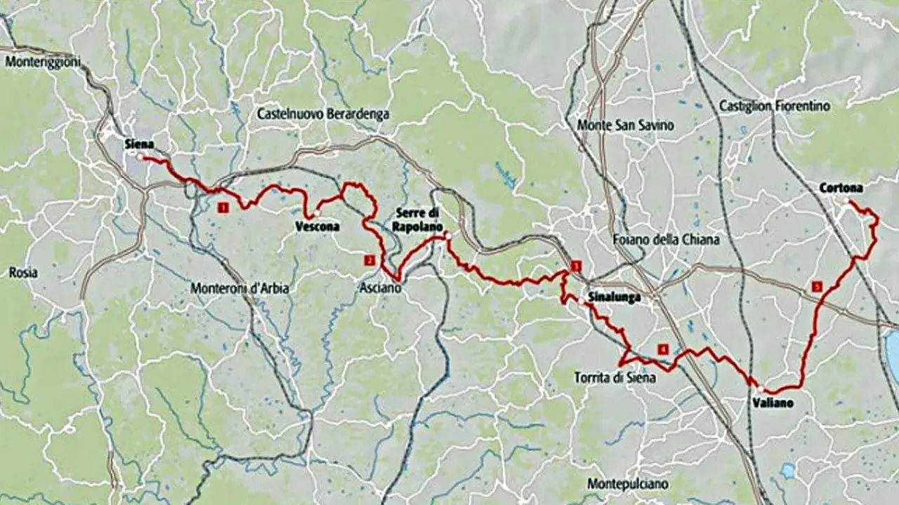 Mappa del percorso Via Lauretana Toscana, con tappe da Siena a Cortona, passando per Asciano e Sinalunga.