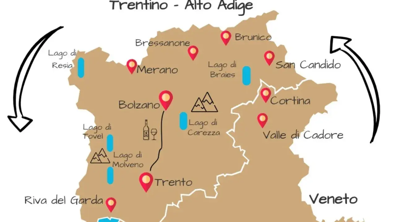 Mappa illustrata del Trentino-Alto Adige con tappe come Lago di Resia, Bolzano, Trento, Cortina. Un itinerario trentino alto adige da scoprire.