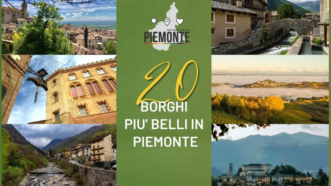 Collage di immagini che mostrano scorci di **borghi da visitare in Piemonte**, con il numero 20 e la scritta "Borghi più belli in Piemonte".