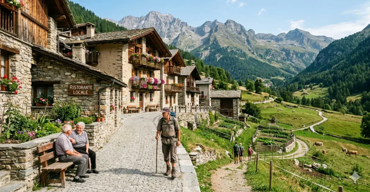 Un escursionista cammina tra i pittoreschi paesi della Val di Non, con case in pietra e fiori colorati, mentre sullo sfondo si stagliano maestose montagne.