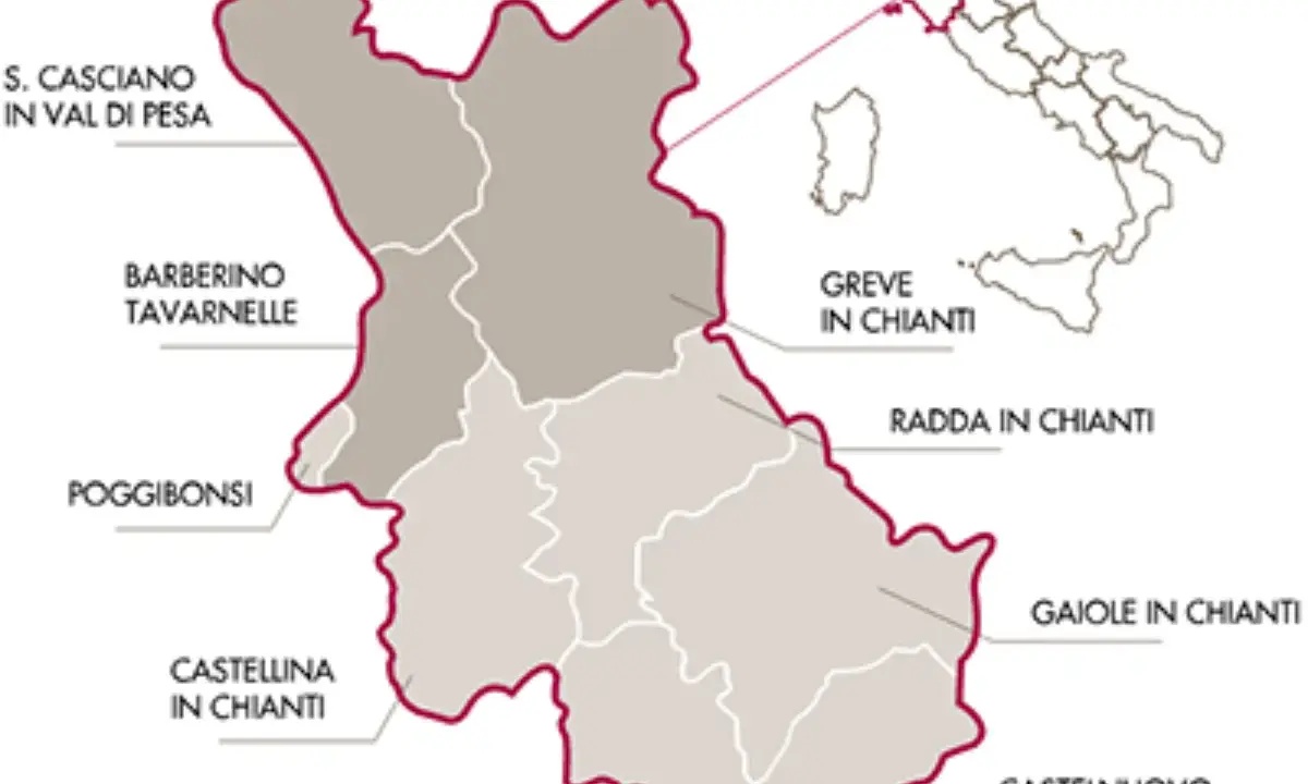 Mappa della Toscana che illustra la zona del Chianti. Le aree evidenziate mostrano la differenza tra Chianti e Chianti Classico, con i comuni principali.