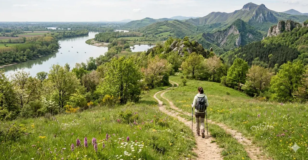 Donna con zaino e bastoncini da trekking su sentiero fiorito, godendosi le escursioni in Emilia Romagna con vista su fiume e montagne.
