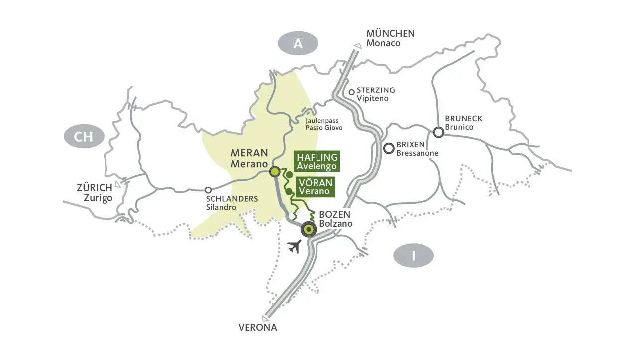 Mappa che mostra la posizione di Merano, con collegamenti a Zurigo, Monaco, Verona e altre località in Alto Adige.