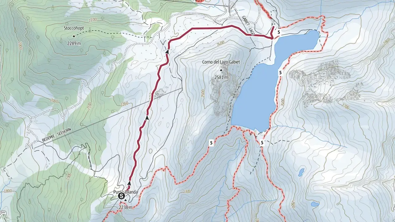 Mappa escursionistica che mostra come arrivare al rifugio Gabiet, con sentieri segnati e altitudini.