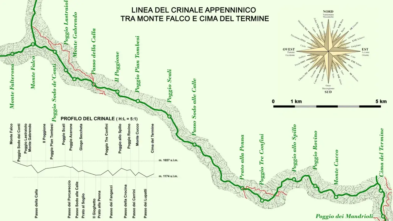 Sentiero sul crinale degli Appennini Emilia Romagna, da Monte Falco a Cima del Termine, con profilo altimetrico e rosa dei venti.