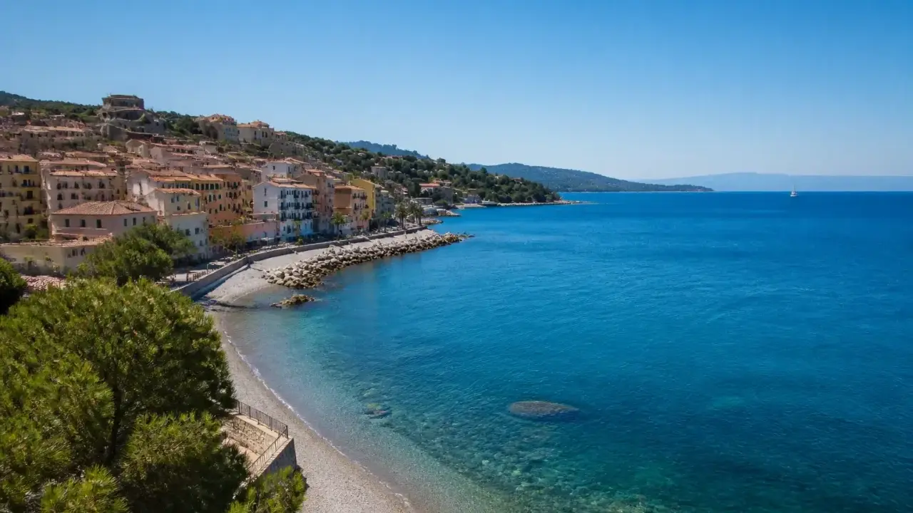 Porto Santo Stefano: case colorate affacciate su spiagge di ciottoli e sabbia, con il mare azzurro e un veliero all'orizzonte.