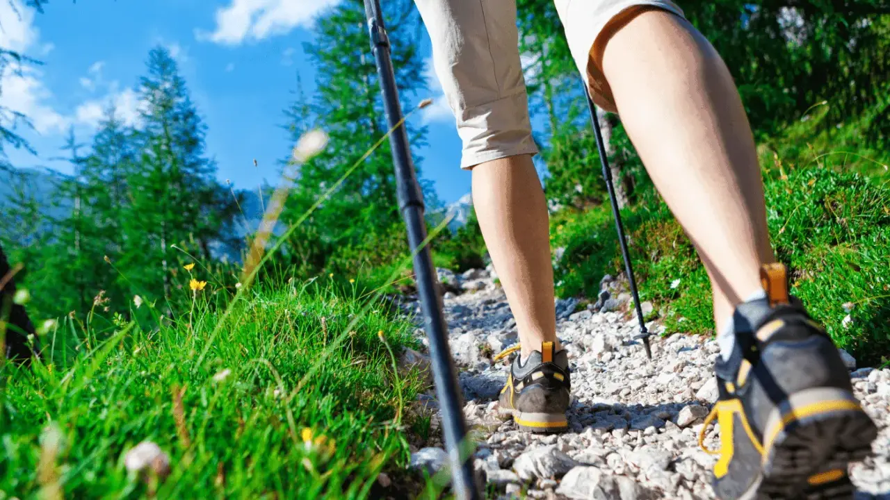 Camminando sul sentiero dei poeti, tra erba verde e fiori gialli, con bastoncini da trekking e scarponi da montagna.