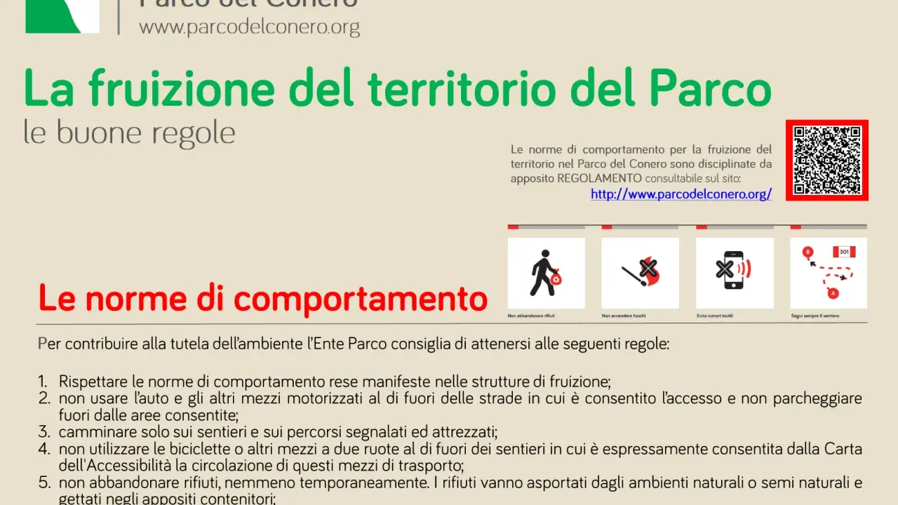 Regole per i sentieri del Monte Conero: non abbandonare rifiuti, non accendere fuochi, evita rumori inutili e segui sempre il sentiero.