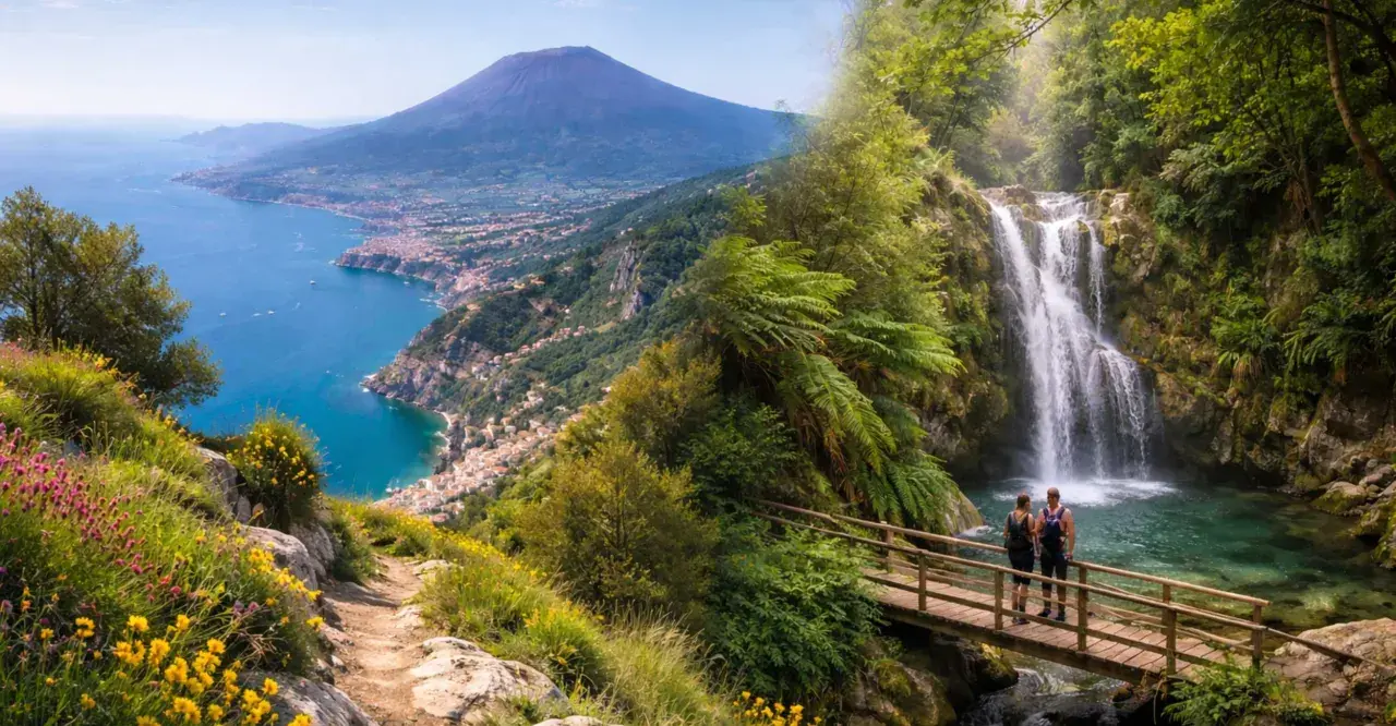 Sentiero costiera amalfitana: vista panoramica sul golfo con il Vesuvio e una cascata nascosta tra la vegetazione.
