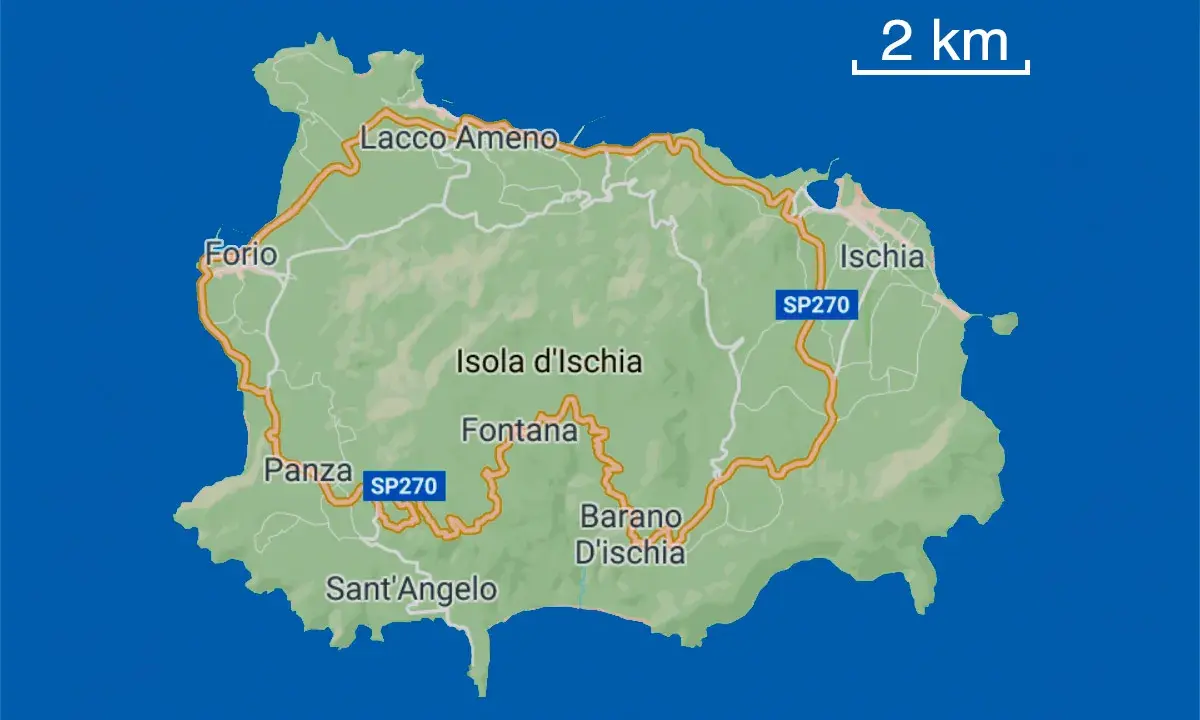 Mappa dell'isola d'Ischia, con le località di Forio, Lacco Ameno, Ischia, Panza, Sant'Angelo e Barano D'Ischia. Una strada costiera SP270 la circonda.