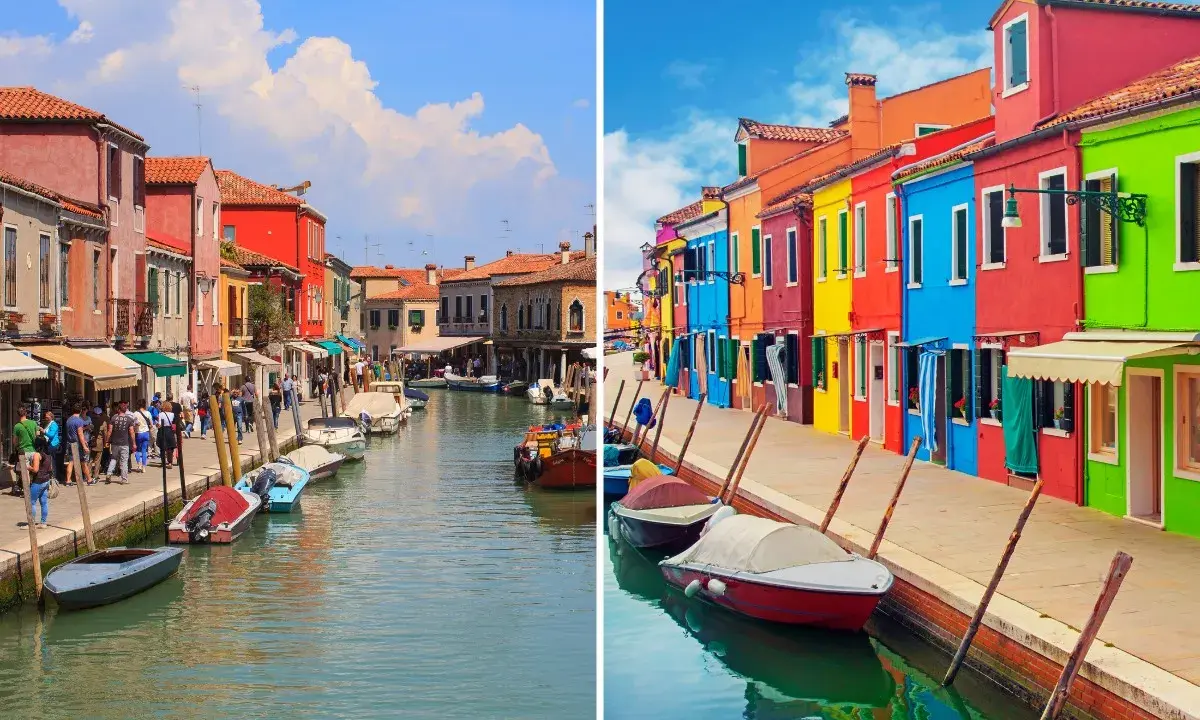 Canali di Burano e Murano, con case colorate e barche ormeggiate.