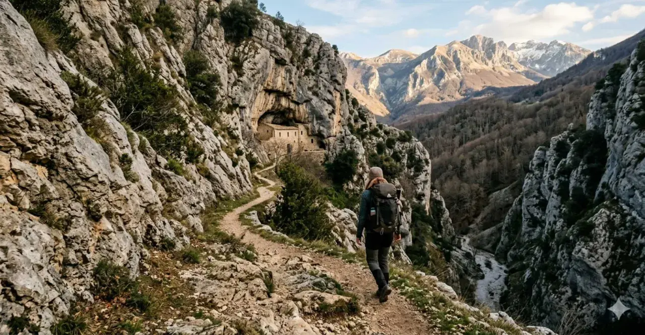 Escursionista su un sentiero dello spirito, con un antico eremo incastonato nella roccia e montagne sullo sfondo.