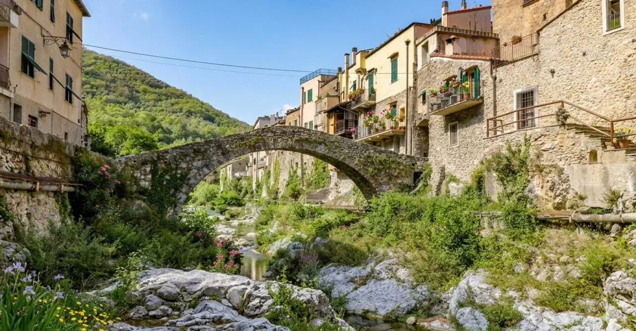 Antico ponte in pietra collega i borghi dell'entroterra ligure ponente, con case colorate e vegetazione rigogliosa che scende verso il torrente.