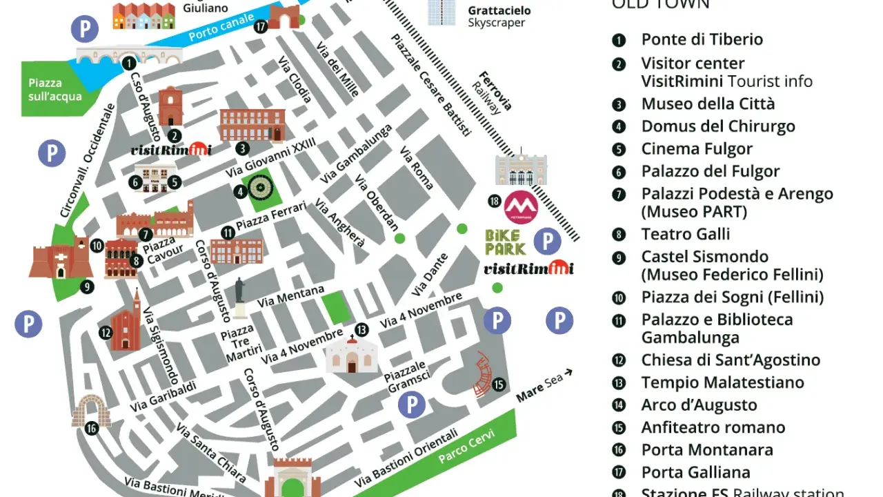 Mappa del centro storico di Rimini: scopri cosa vedere, dal Ponte di Tiberio al Tempio Malatestiano, passando per musei e parchi.