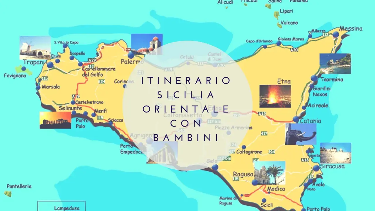 Mappa della Sicilia con itinerario di 7 giorni per famiglie. Include immagini di Etna, Taormina, Siracusa e templi greci.