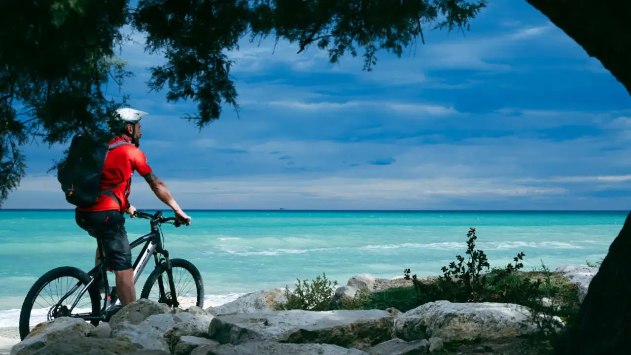 Ciclista ammira il mare turchese lungo la ciclovia adriatica in Abruzzo, con alberi che incorniciano la scena.