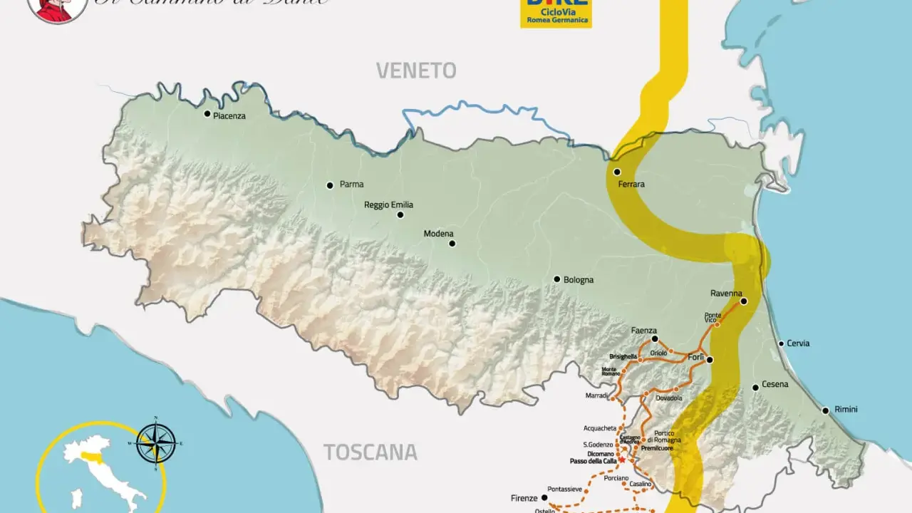 Mappa del Cammino di Dante, con le tappe da Piacenza a Roma, passando per Bologna e Firenze.