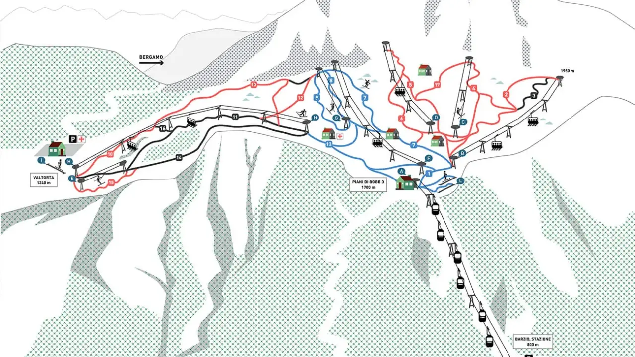 Mappa delle piste da sci di Piani di Bobbio, con sentieri rossi e blu, seggiovie e cabinovie. Indicazioni per Bergamo e Barzio.