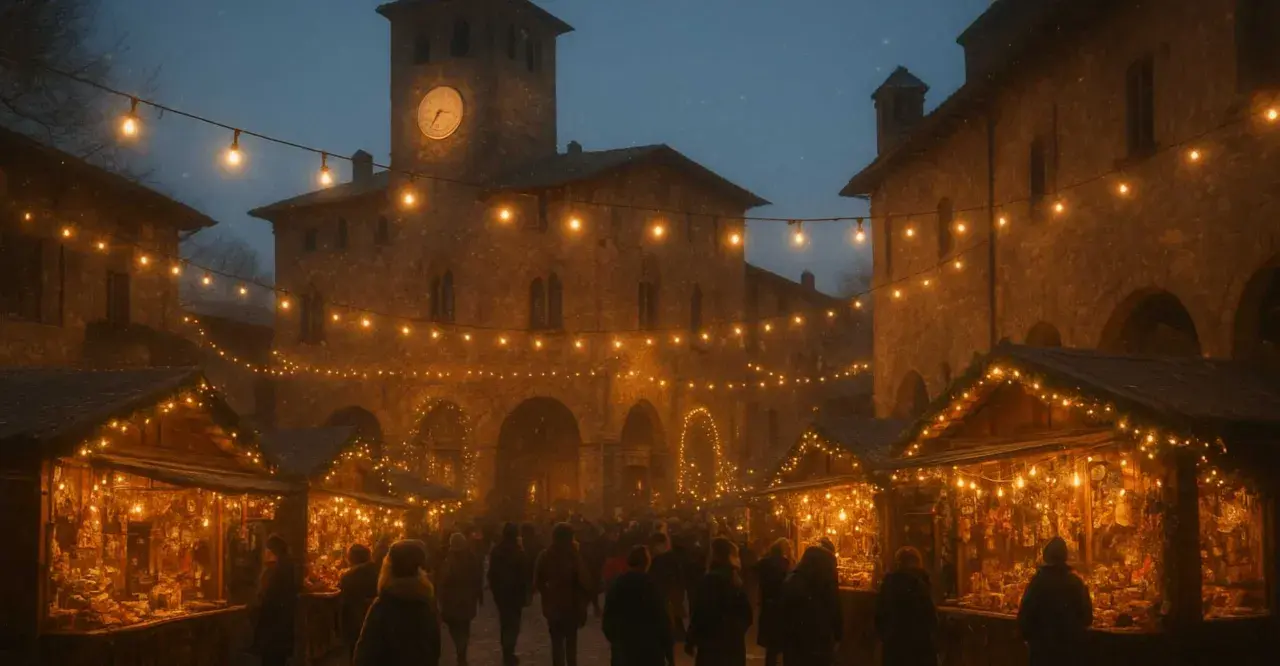 Mercatino natalizio a Grazzano Visconti, con bancarelle illuminate e gente che passeggia. Un'atmosfera magica per scoprire tante cose da fare a Grazzano Visconti.