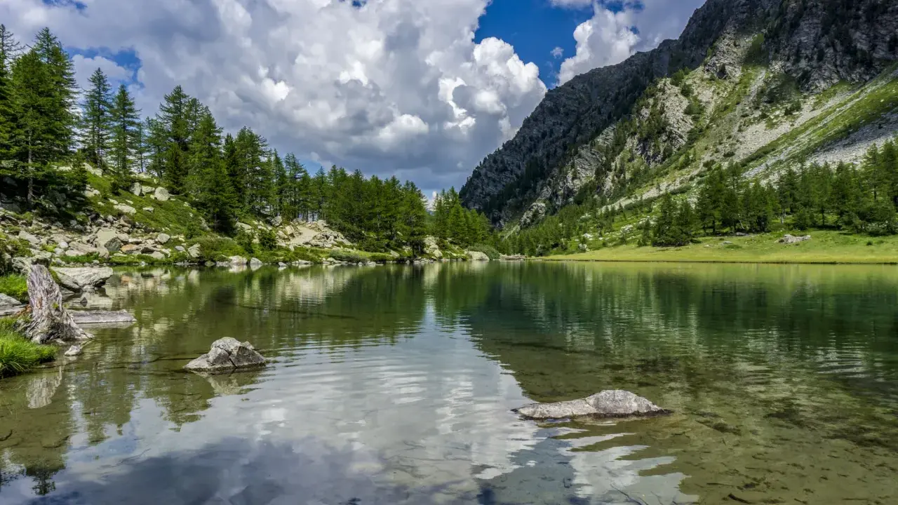 Specchio d'acqua cristallino tra i **laghi della Valle d'Aosta**, circondato da pini e rocce, con montagne imponenti e cielo azzurro con nuvole bianche.