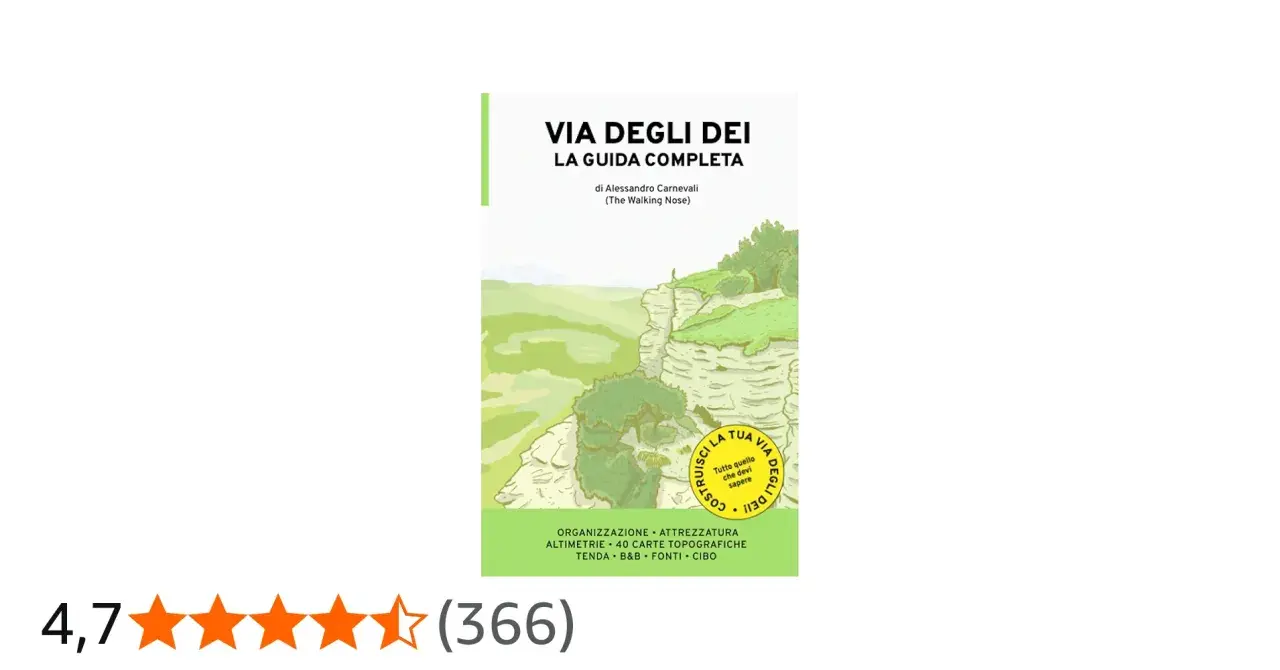 Guida completa per la Via degli Dei in 4 giorni. Illustrazione di un paesaggio montano con un escursionista.