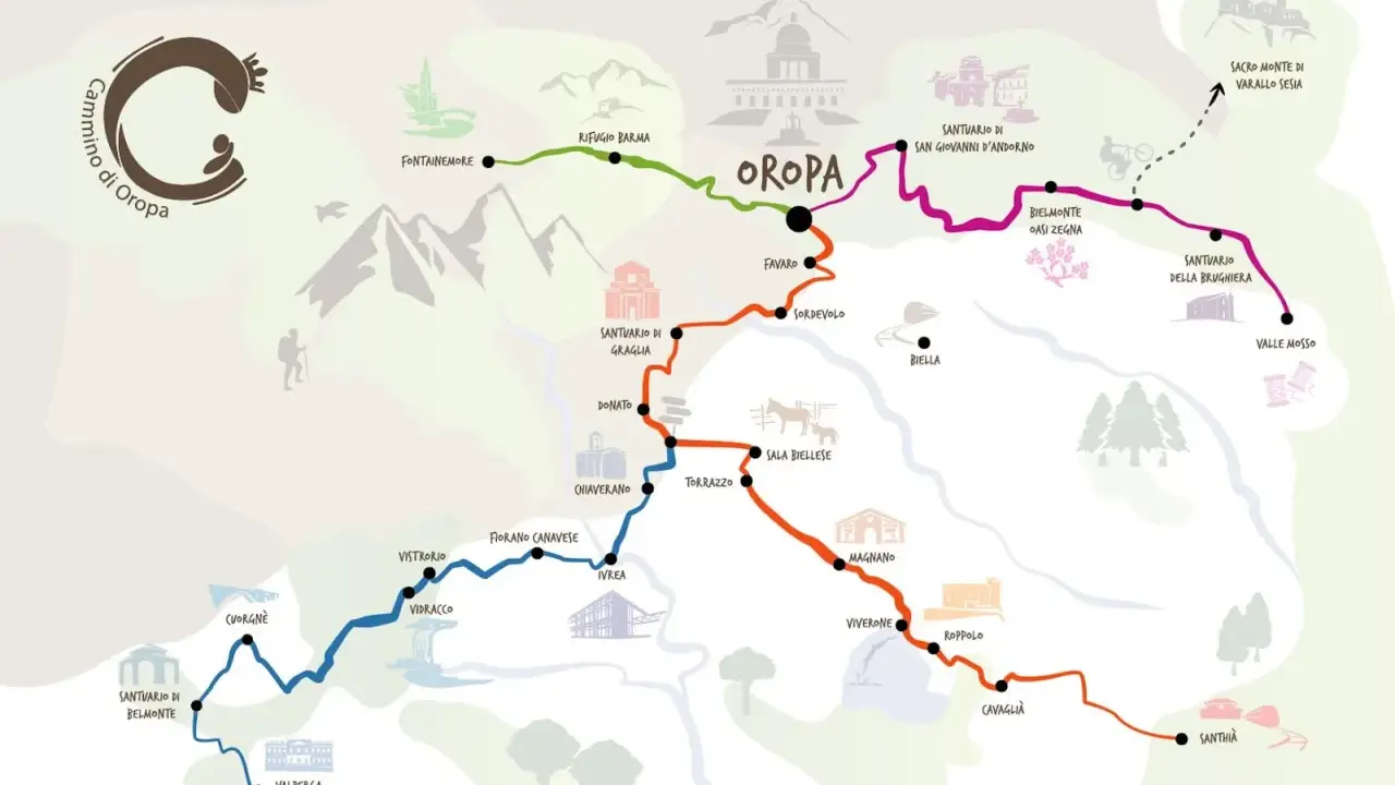 Mappa illustrata del Cammino di Oropa, un percorso tra santuari e borghi in Italia, con sentieri colorati che attraversano montagne e valli.