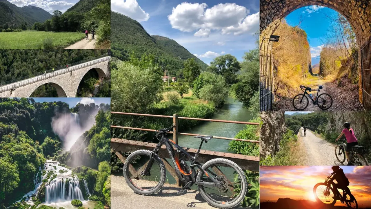 Ciclisti sul **Spoleto Norcia trail**: ponti, cascate, tunnel e panorami mozzafiato.
