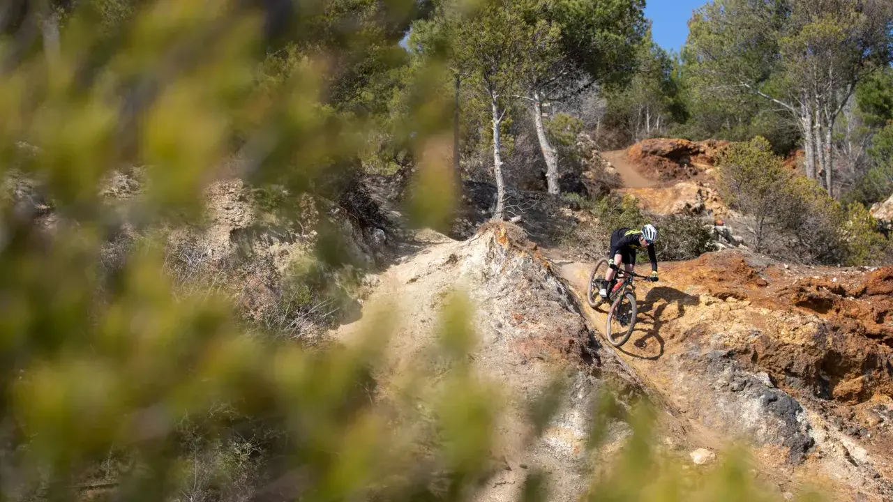 Ciclista su un sentiero sterrato, tra rocce e pini, esplora i percorsi MTB Toscana.