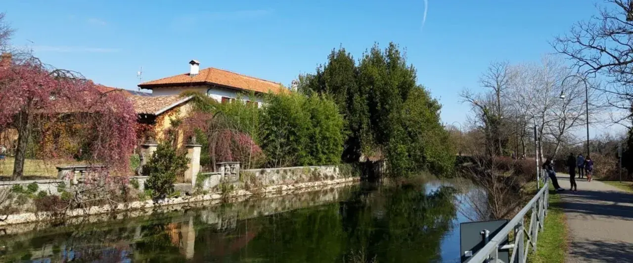 Splendide passeggiate vicino Milano, con un canale tranquillo, alberi fioriti e un sentiero per godersi la natura.