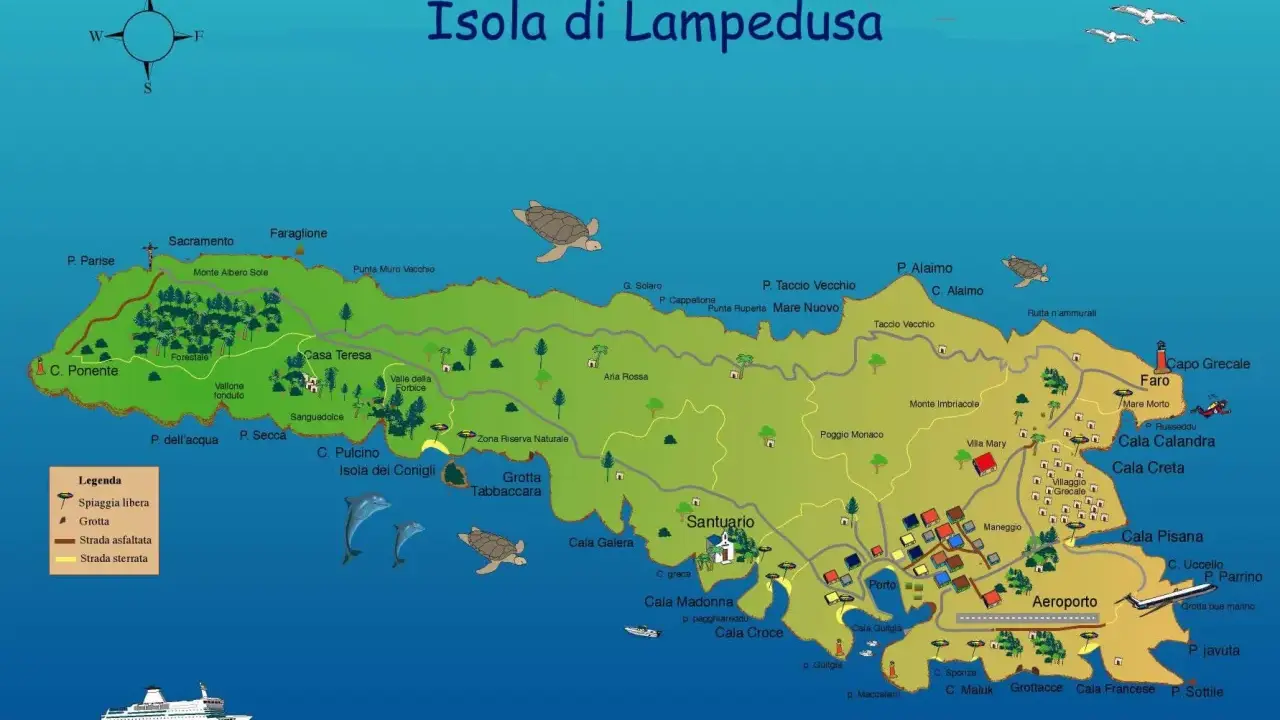 Mappa illustrata dell'isola presso Lampedusa, con spiagge, grotte, sentieri e luoghi d'interesse.