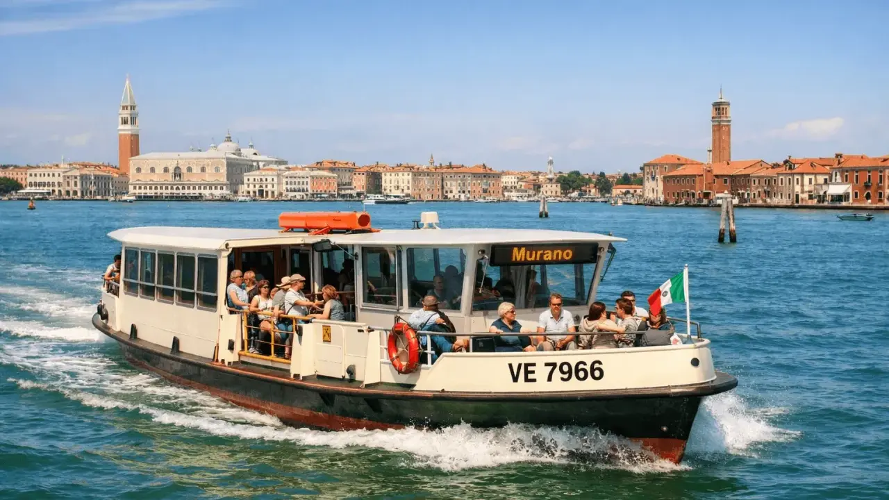 Barca con passeggeri diretta a Murano, con Venezia sullo sfondo. Un modo semplice per capire come arrivare a Murano da Venezia.