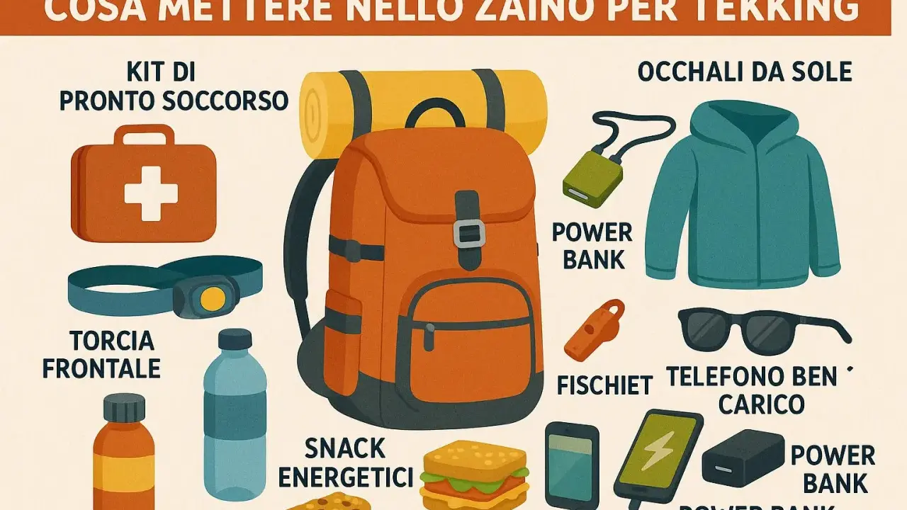 Zaino da trekking con kit pronto soccorso, torcia, snack, power bank, fischietto, occhiali da sole e giacca. Guida su cosa mettere nello zaino per 3 giorni.