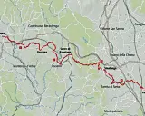 Mappa del percorso Via Lauretana Toscana, con tappe da Siena a Cortona, passando per Asciano e Sinalunga.