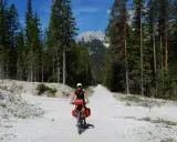 Ciclista su strada sterrata tra i pini, con le vette delle Dolomiti sullo sfondo. Un'avventura sui percorsi bici Dolomiti.