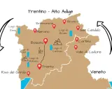 Mappa illustrata del Trentino-Alto Adige con tappe come Lago di Resia, Bolzano, Trento, Cortina. Un itinerario trentino alto adige da scoprire.