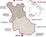 Mappa della Toscana che illustra la zona del Chianti. Le aree evidenziate mostrano la differenza tra Chianti e Chianti Classico, con i comuni principali.