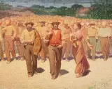Un corteo di persone in abiti da lavoro, con un uomo in primo piano con gilet arancione. Un'immagine che evoca la vita e le tradizioni di Volpedo cosa vedere.