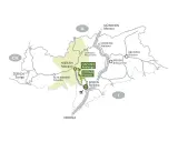 Mappa che mostra la posizione di Merano, con collegamenti a Zurigo, Monaco, Verona e altre località in Alto Adige.