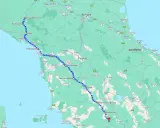 Mappa che mostra percorsi a piedi in Toscana, da Genova a Radicofani, passando per Lucca, Firenze, Siena e San Quirico d'Orcia.
