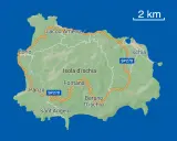 Mappa dell'isola d'Ischia, con le località di Forio, Lacco Ameno, Ischia, Panza, Sant'Angelo e Barano D'Ischia. Una strada costiera SP270 la circonda.