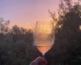 Un calice di vino rosato riflette il tramonto sulle dolci colline del Chianti.