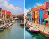 Canali di Burano e Murano, con case colorate e barche ormeggiate.
