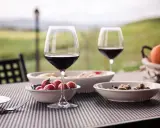 Un bicchiere di vino rosso e stuzzichini su un tavolo all'aperto, con un paesaggio collinare sullo sfondo, perfetto per un percorso enogastronomico toscana.