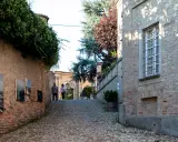 Passeggiata nel centro storico di Neive, tra antiche mura ricoperte d'edera e opere d'arte esposte all'aperto.