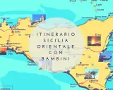 Mappa della Sicilia con itinerario di 7 giorni per famiglie. Include immagini di Etna, Taormina, Siracusa e templi greci.